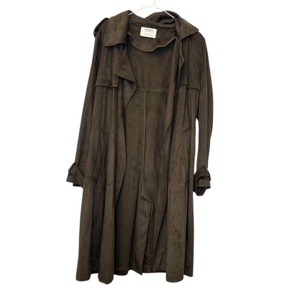 Zara Basic Outerwear Microsuede Wide Collar Belted Trench Coat Brown Size Large - Picture 1 of 4